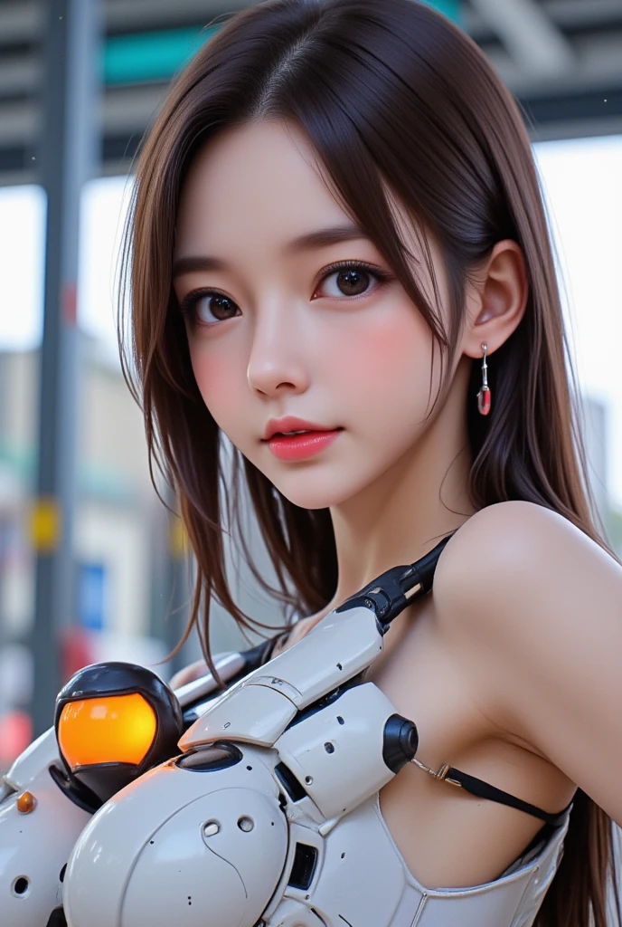 Photographs high definition, "Japaness young face Female" , white skin, beautiful chests , "shy face feeling good" , little wet, tank top, pale skin, school girl, In pretty modern dress with armory, doing workout, scifi style, future style, random environments, 