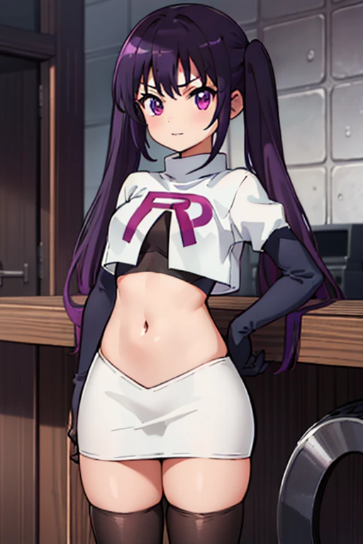 (solo, 1girl:1.2), 
(portrait), 
simple background,
official art, 
twintails, purple hair, purple eyes, multicolored eyes, spider girl, gradient eyes, 
team rocket,team rocket uniform, red letter R, white skirt,white crop top,black thigh-highs,black elbow gloves