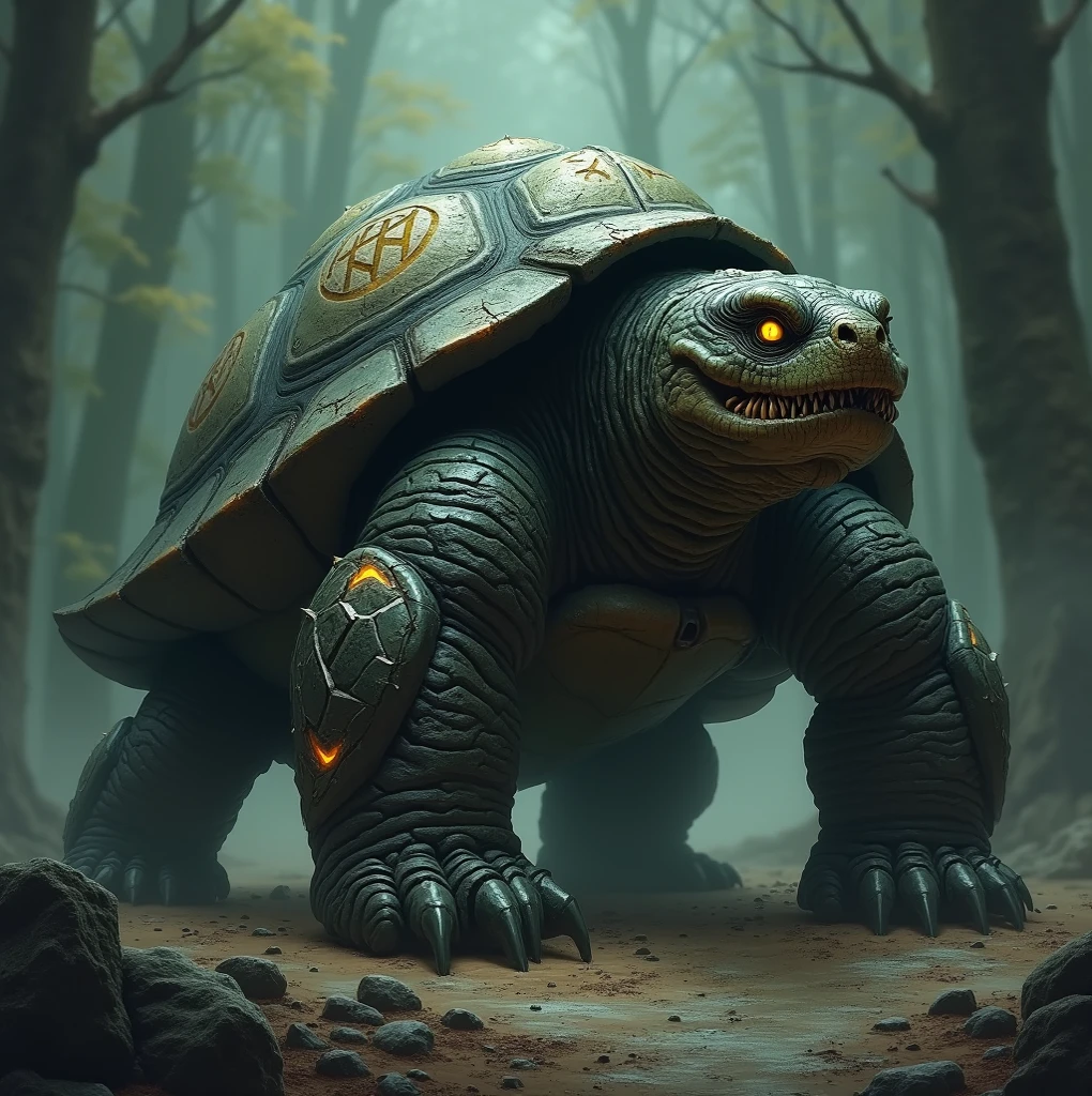 "Design a tortoise and hippopotamus fusion with glowing eyes and intertwined scales and fur, exuding raw, terrifying power."
