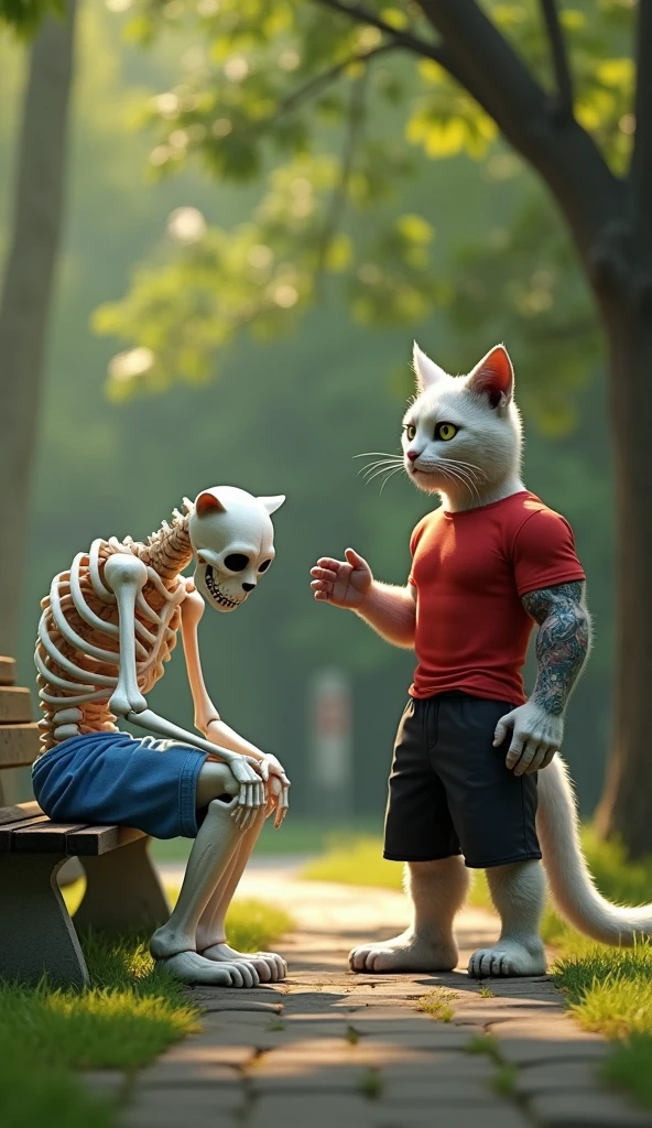 A brown cat dancing with a skeleton wearing a black cap