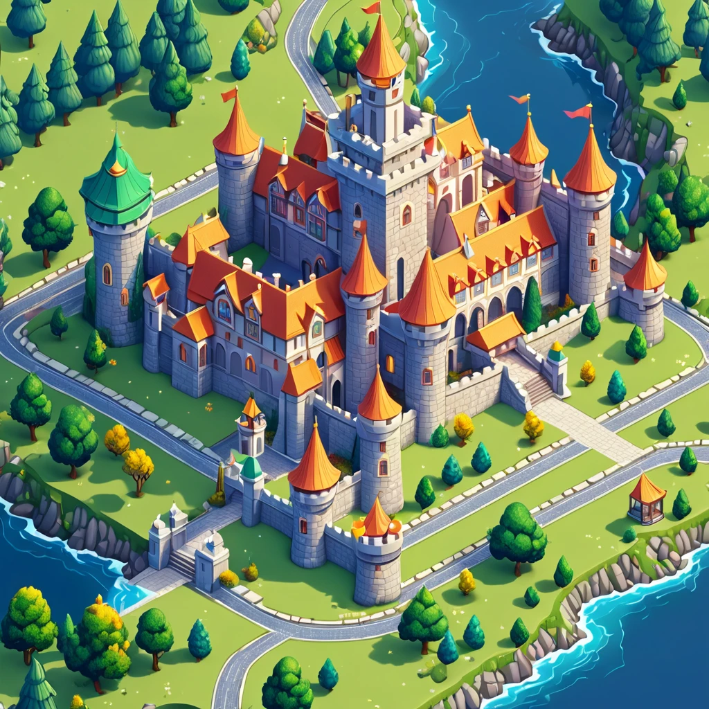 a castle, road, isometric view, map tile, simple background, masterpiece, best quality, 8K, maximalist, sailor moon style