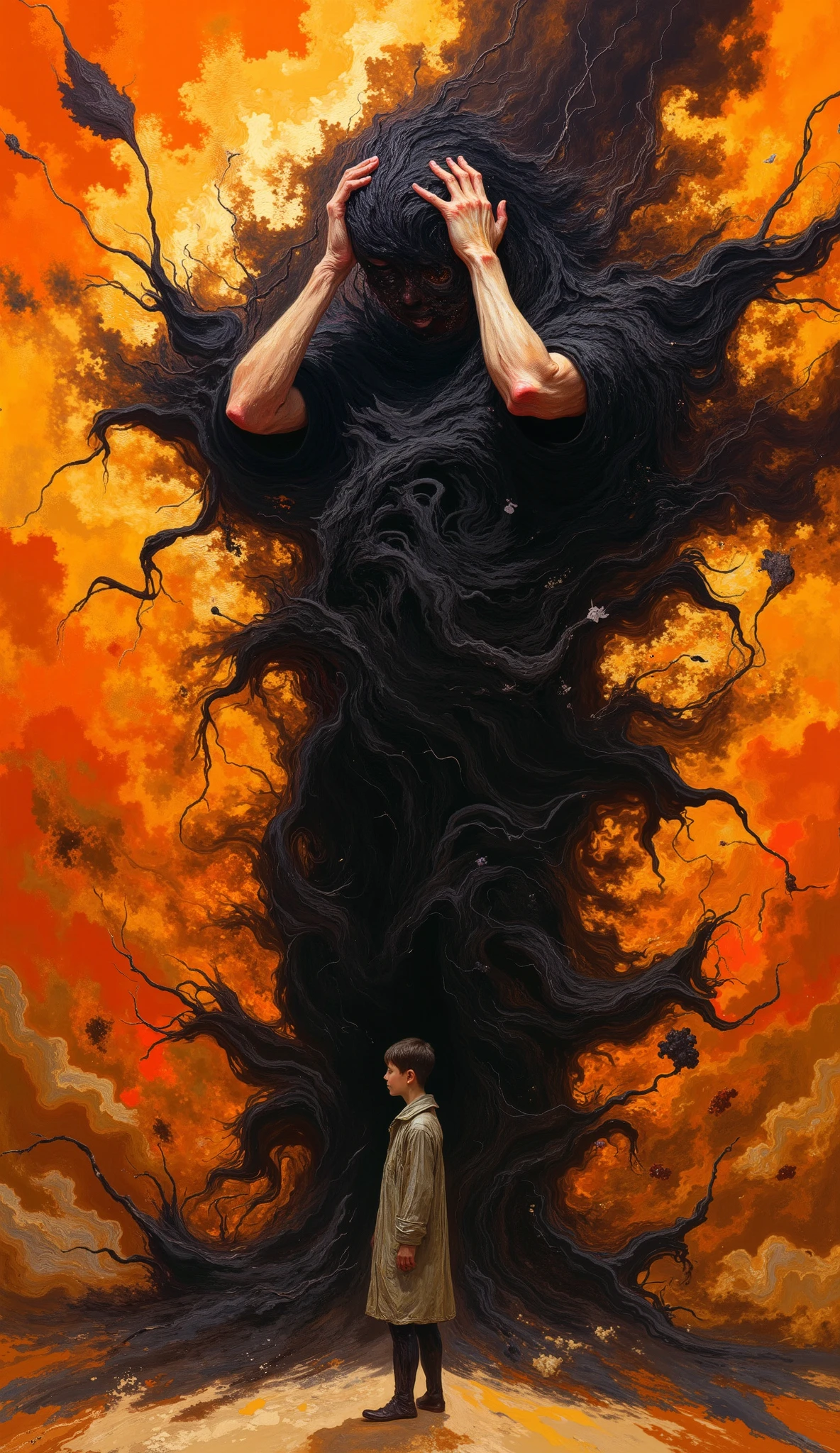 This painting portrays a figure in a moment of intense psychological or emotional distress, with hands pressed against their head, which dissolves into a chaotic, swirling black mass. The expressive, textural brushstrokes and fiery background create a sense of movement and turmoil, symbolizing the figure’s internal struggle. The sharp contrast between the dark, consuming blackness and the warm, explosive background adds to the intensity of the image, as if the figure’s anguish is erupting into the space around them. Through its expressive style, contrasting color palette, and surreal elements, the artwork powerfully conveys themes of mental anguish, emotional breakdown, and the consuming nature of inner chaos. The result is a haunting, visceral depiction of psychological struggle that invites viewers to confront the raw, unsettling nature of human despair.