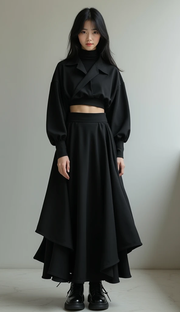 Alternative faceless musculed and tall long sliver blonde hair boy walking in black punk plataform boots and a long skirt in a vintage style, a black backpack, musculed legs and solid background