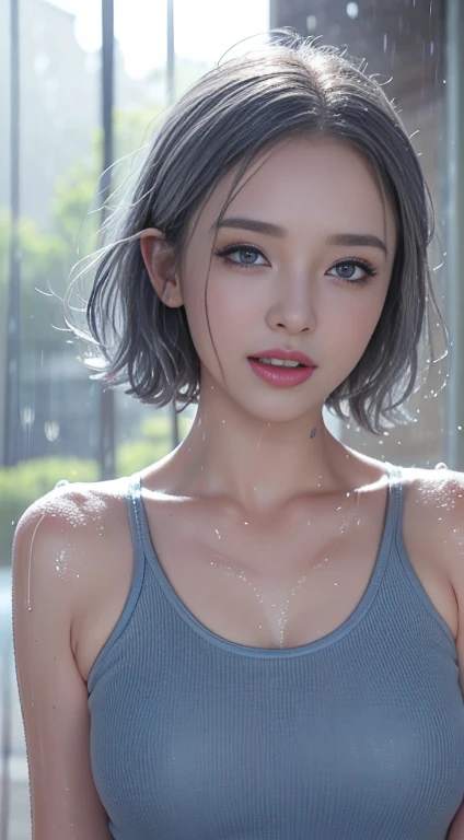 ( blue eyes)、 laughing shyly 、(Grey Hair)、 short hair 、(top-quality、4K、​masterpiece:1.3)、Beautiful woman、 one girl、 sexy:1.1、( rain falling wet 、 wet in the rain、 wet body:1.2)、  White Tank Top 、 hyper-detailed face 、Detailed lips、 detailed eyes on board、double eyelid