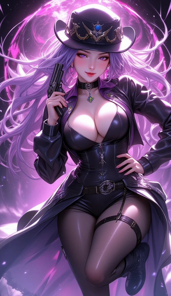  mature beautiful woman with ,( best quality, very detailed depiction, Incredibly Absurd High Resolution ,High quality anime drawings:2.0),( cowboy woman ,Cowboy Costume, cowboy hat, earrings for a woman alone, Necklaces , black tights, boots,Pistol),(Purple Eyes, half-closed eyes:2.0, Big Breasts ,Glossy lips, is opening,Flashy makeup, bewitching smile:2.0,Beautiful legs,), full body image:2.0,Pistolを構えた姿:2.0,