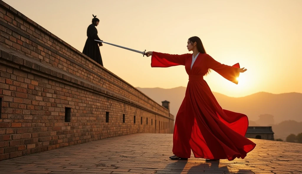 A towering and slender female swordsman, standing significantly taller than the city wall, dressed in a vibrant red robe that perfectly showcases her long legs and graceful figure. Her flowing robe clings delicately to her body, accentuating her curves as she stands powerfully on the ground, wielding a gleaming sword. The female warrior is fighting a much smaller black-clad figure, whose height is only half of hers. The contrast in their sizes is striking. The black-clad figure stands atop the city wall, attempting to strike down at the towering swordswoman, but she remains calm and composed, her height and strength imposing. The ancient Chinese city wall serves as the backdrop, with intricate brick details and a traditional wuxia atmosphere. The setting sun bathes the scene in a warm glow, casting long shadows and highlighting the dramatic duel between the two figures.