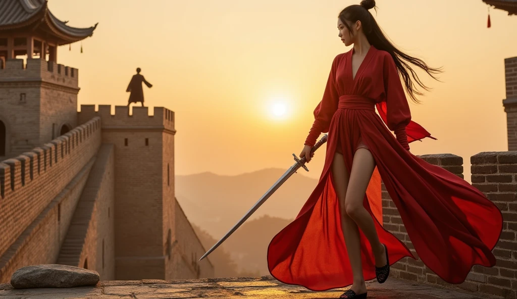 A towering and slender female swordsman, standing significantly taller than the city wall, dressed in a vibrant red robe that perfectly showcases her long legs and graceful figure. Her flowing robe clings delicately to her body, accentuating her curves as she stands powerfully on the ground, wielding a gleaming sword. The female warrior is fighting a much smaller black-clad figure, whose height is only half of hers. The contrast in their sizes is striking. The black-clad figure stands atop the city wall, attempting to strike down at the towering swordswoman, but she remains calm and composed, her height and strength imposing. The ancient Chinese city wall serves as the backdrop, with intricate brick details and a traditional wuxia atmosphere. The setting sun bathes the scene in a warm glow, casting long shadows and highlighting the dramatic duel between the two figures.