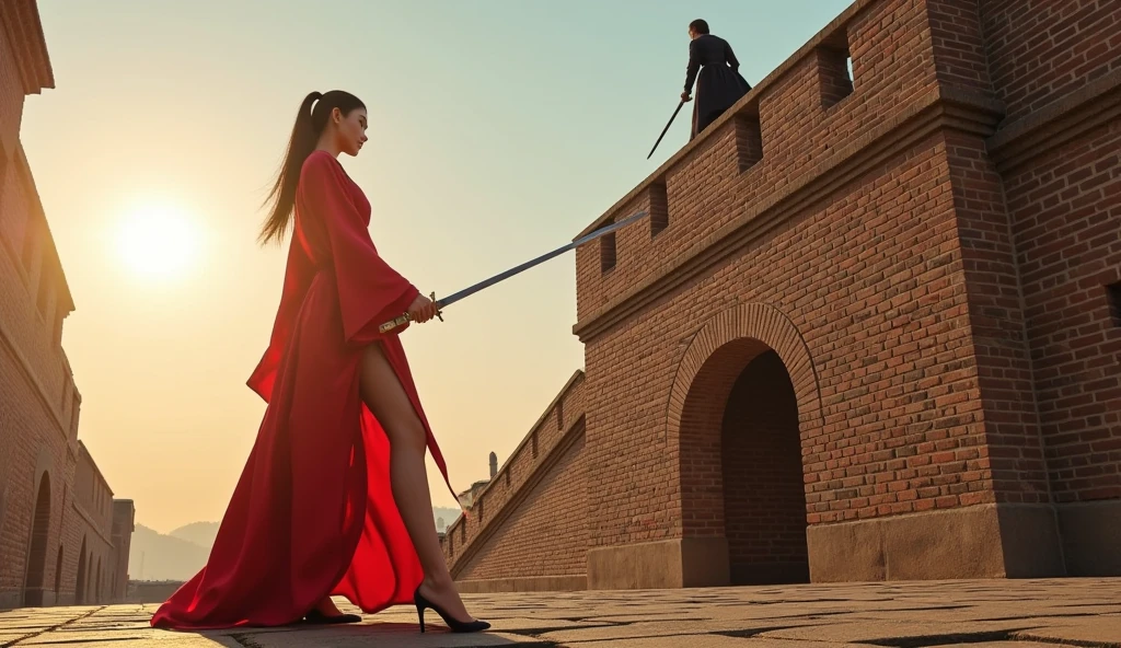 A towering and slender female swordsman, standing significantly taller than the city wall, dressed in a vibrant red robe that perfectly showcases her long legs and graceful figure. Her flowing robe clings delicately to her body, accentuating her curves as she stands powerfully on the ground, wielding a gleaming sword. The female warrior is fighting a much smaller black-clad figure, whose height is only half of hers. The contrast in their sizes is striking. The black-clad figure stands atop the city wall, attempting to strike down at the towering swordswoman, but she remains calm and composed, her height and strength imposing. The ancient Chinese city wall serves as the backdrop, with intricate brick details and a traditional wuxia atmosphere. The setting sun bathes the scene in a warm glow, casting long shadows and highlighting the dramatic duel between the two figures.