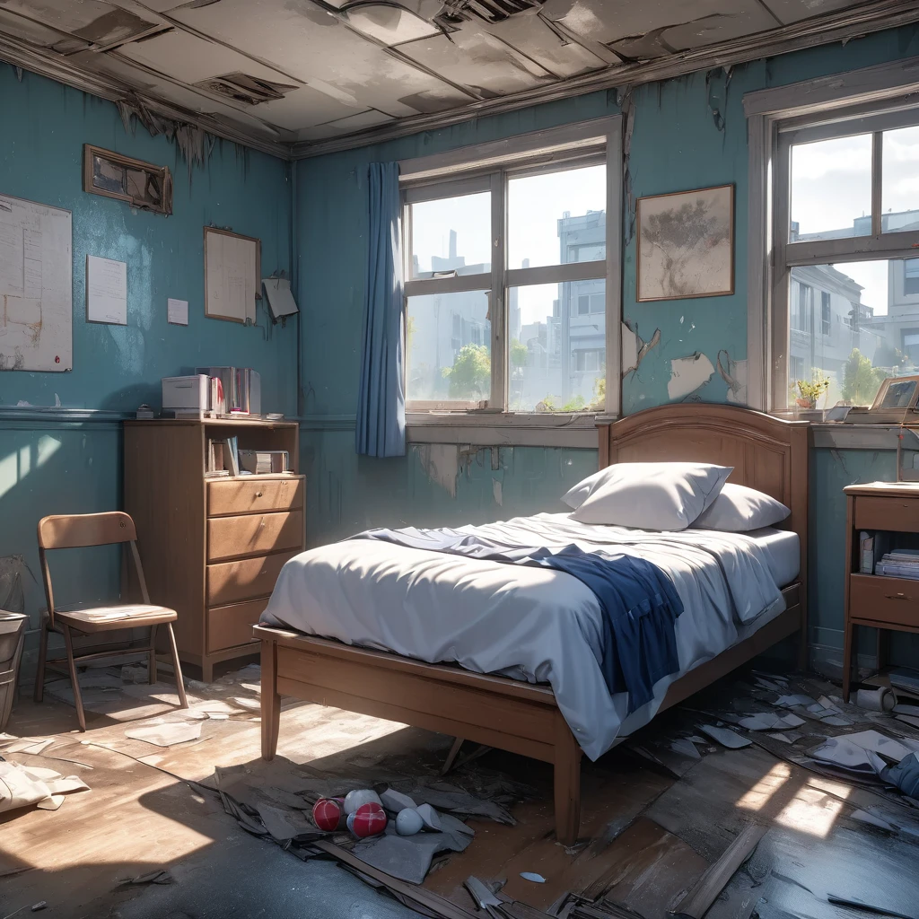 masterpiece, best quality, 8k, highres, ultra-detailed, HDR, UHD, 1girl,school sailor,derelict room,sitting bed,