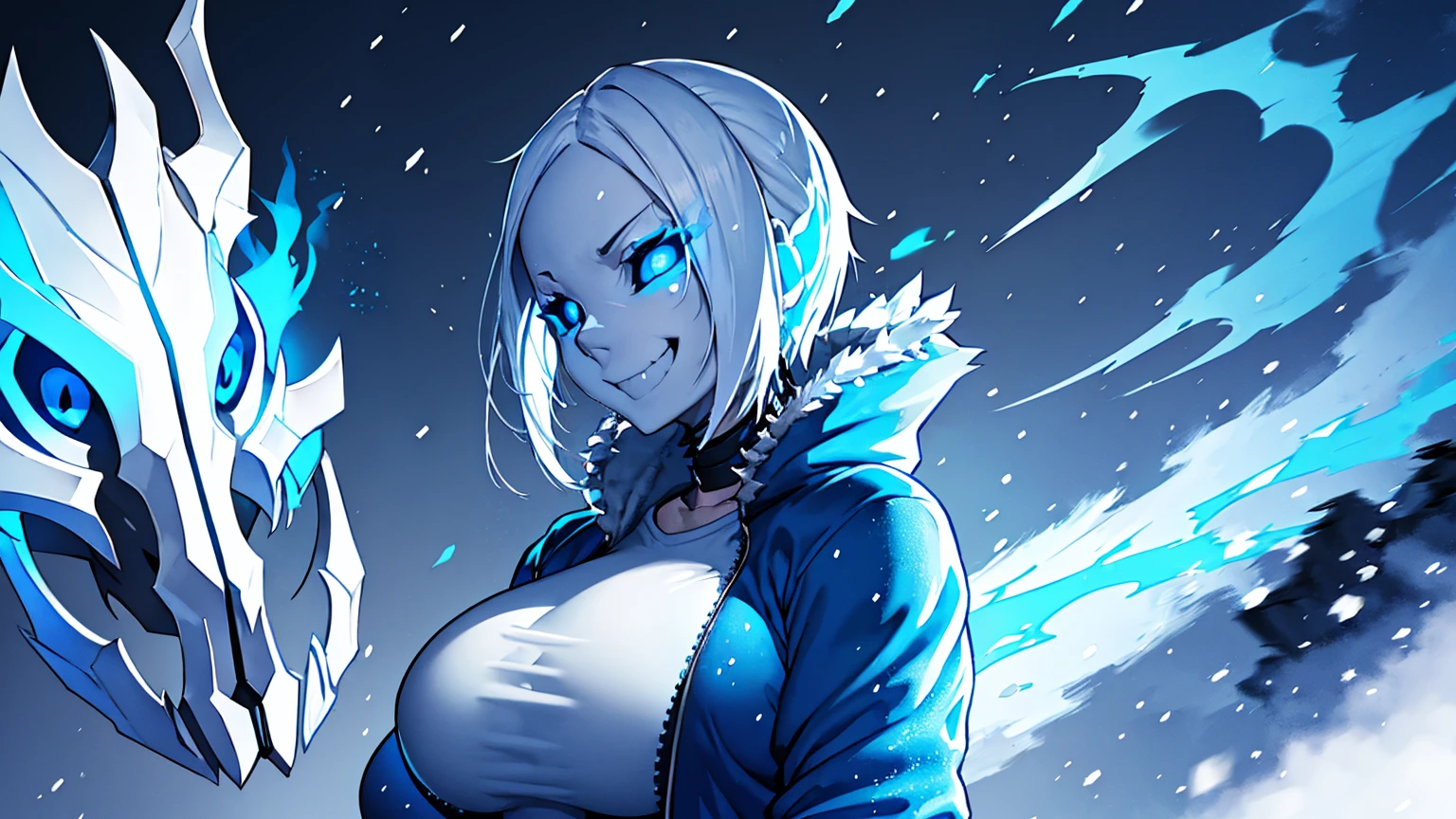 Sans Undertale Blue Jacket ,Fire eyes skull smile white long hair glowing snow sexy big breasts breast enlargement full-body shot