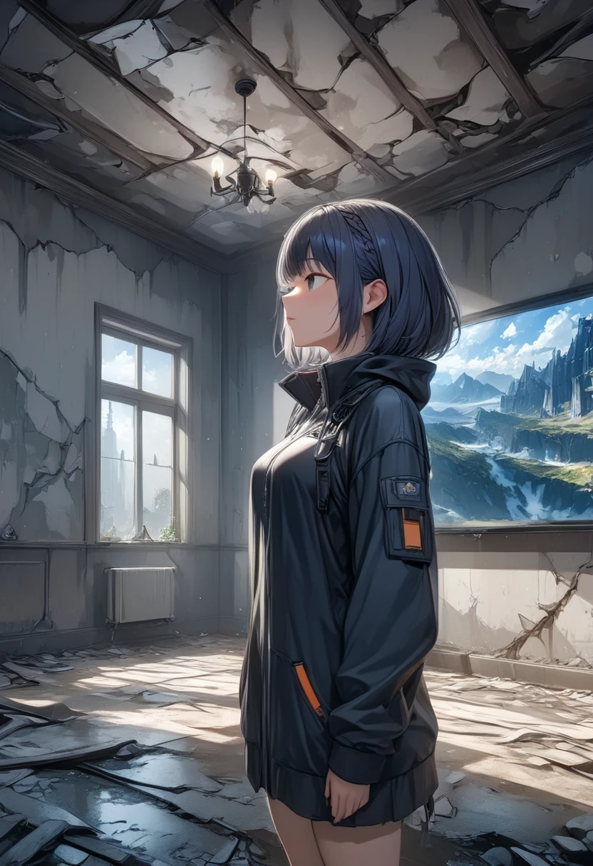 masterpiece, best quality, 8k, highres, ultra-detailed, HDR, UHD, 1girl,upper body,side view,drkgirl, derelict room