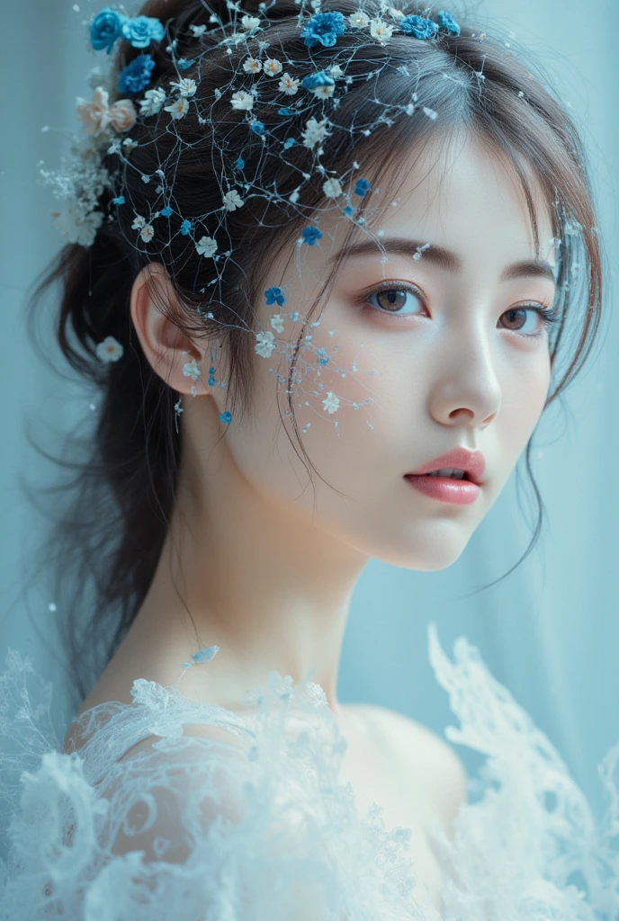 fein-art-Portrait of an east-asian woman, entwined with delicate motifs symbolizing interkit cravings, baby blue and white palette, hyper-realistic, focused on textural intricacies, fine details, natural light, ultra fine, digital painting. 