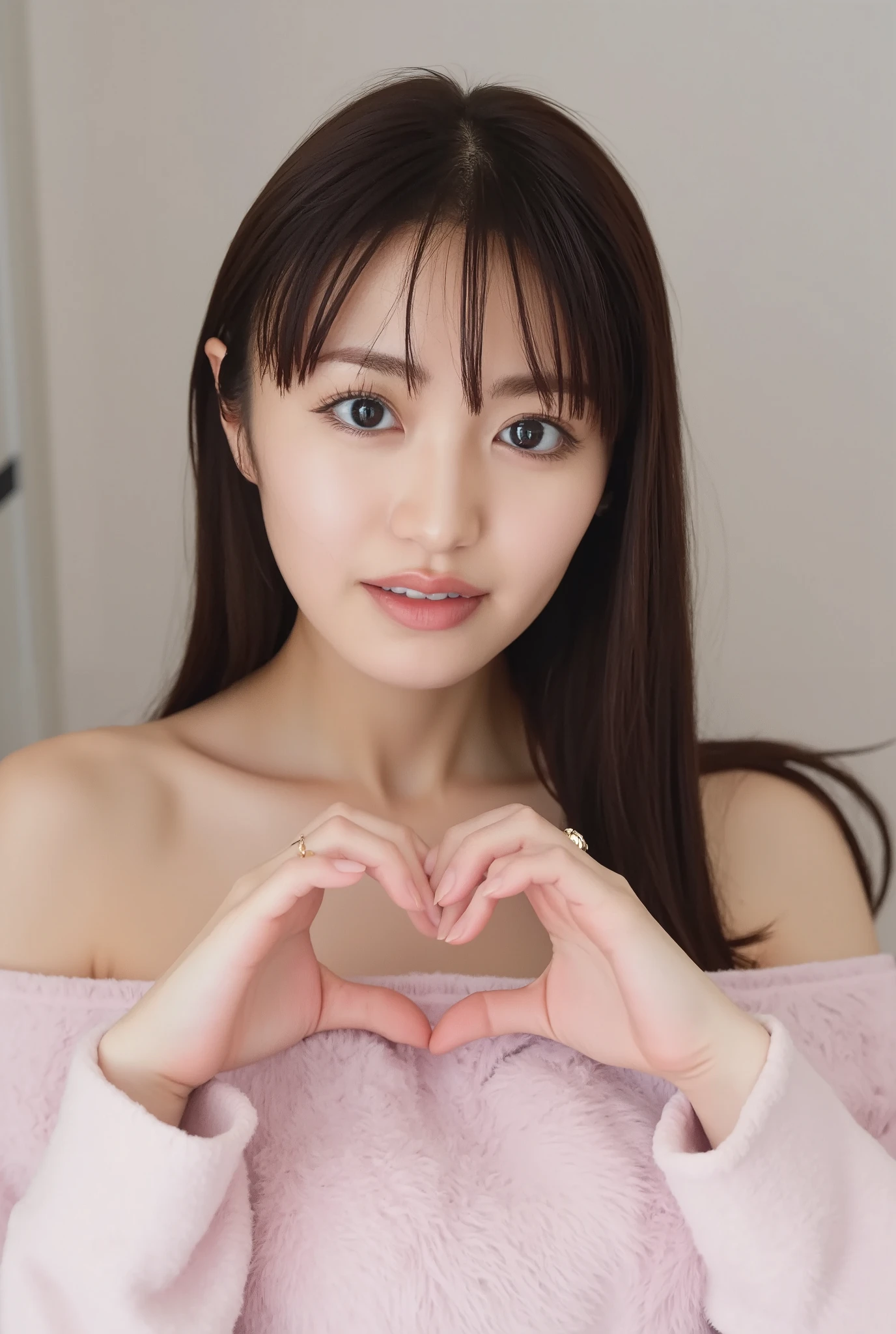 Only one woman with a cute smile wears cute, fluffy off-shoulder pajamas, makes a big heart shape with both hands, and poses them in front of her chest, View above collarbone、The background is a monotone 、 (photo Realistic:1.4), (hyper Realistic:1.4), (Realistic:1.3), (Sleek lighting:1.05), (Improving the quality of cinema lighting:0.9), Realistic lighting, Backlight,  LIGHT SHOTS YOUR FACE,  ray tracing , ( bright light:1.2), (Improved quality:1.4), (Highest quality Realistic textured skin:1.4),(  enhances the beauty of skin texture:1.1),((  extremely accurate and accurate anatomy :1.0)), (  enhances the beauty of skin texture:1.1),  Realisticなライティング, (Sleek lighting:1.05), 32K,  1 Japanese woman in a Go class, fine grain,  detailed face , (film grain:1.1),(Highlight your curves:1.1),  high definition ,  Natural Look , Kind eyes, Subtle light and dark,  vivid details , Soft light reflection, Beautiful contours, Delicate skin tones, 

