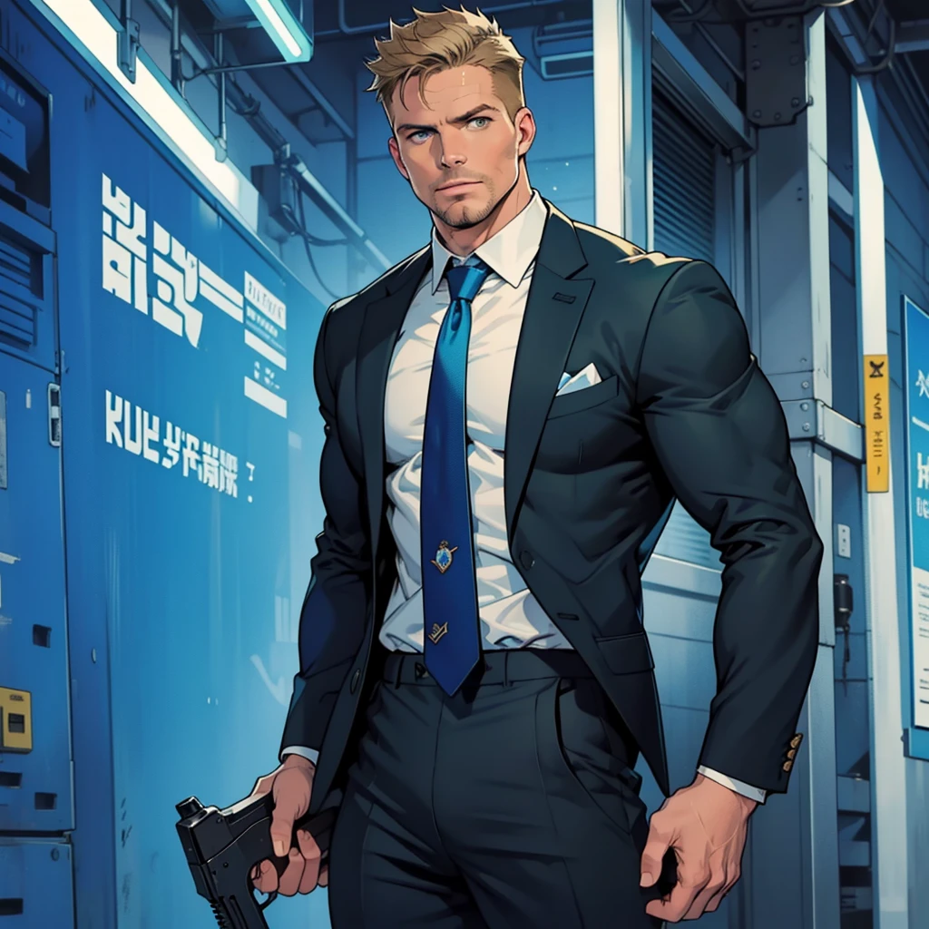 1 man, male focus solo,45 yo man,Stephen AMELL as private investigator, lean muscle, blue shirt, marine blue businessman suit ,( tie) ,( big bulge), full body shot, dark blond short hair, well groomed facial hair, holding a gun with one hand, , ultra high quality, masterpiece, ( ever changing background, blue and white and green arabesques lines in the blackground)