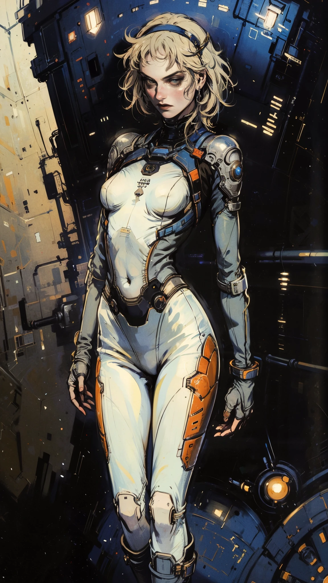 (masterpiece:1.2, best quality:1.2, extremely delicate:1.2), ((Alexandra Daddario:1.2)), a girl with short light golden hair, a metal headband on her forehead, icy gaze, detached expression, smooth and exquisite facial appearance, perfect body, perfect skin, porcelain skin, pale skin, sci-fi military uniform, short sleeves, gloves, short skirt integrated with the outfit, dark fitted pants, knee-high military boots, the color scheme is primarily White with Blue and Yellow accents, surrounded by AR virtual interfaces, standing in a futuristic sci-fi-styled room, this character embodies a finely crafted futuristic sci-fi female officer in anime style, exquisite and mature art style, exquisite photography, Photo realism, photorealistic, even and soft lighting on face, dramatic, high definition, highres, ultra-detailed, ultra-fine painting, professional, perfect body proportions, anatomically correct, symmetrical face, extremely detailed eyes and face, high quality eyes, creativity, RAW photo, UHD, 32k, portrait lighting, Natural light, cinematic lighting, (masterpiece-anatomy-perfect:1.2)