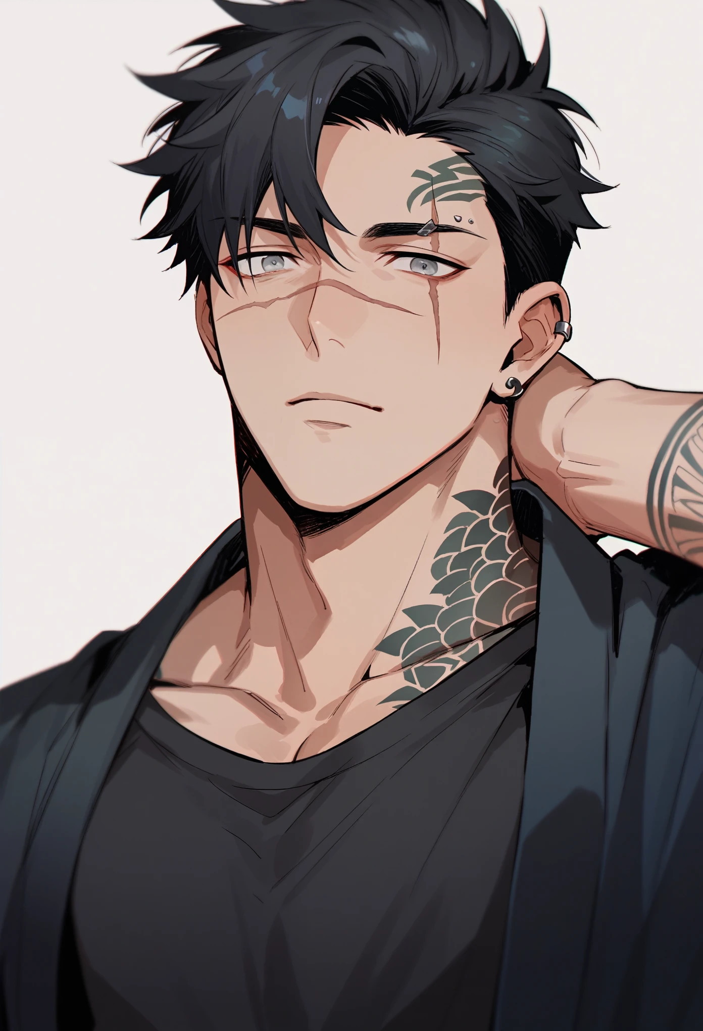 japanese, male, short black hair, gray eyes, scar above left eyes, muscular, tattooed, piercings, wearing black shirt