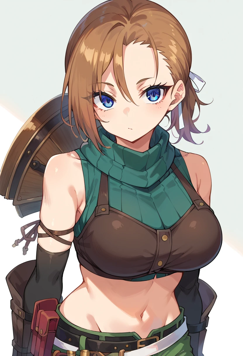 score_9, score_8_up, score_7_up, source_anime, RhudaRunebeck, long hair, asymmetrical bangs, brown hair, low ponytail, short ponytail, white ribbon, blue eyes, 
turtleneck, sleeveless, ribbed shirt, green shirt, crop top, breastplate, navel, elbow gloves, fingerless gloves, black gloves, arm guards, 
black belt, belt pouch, short shorts, green shorts, 