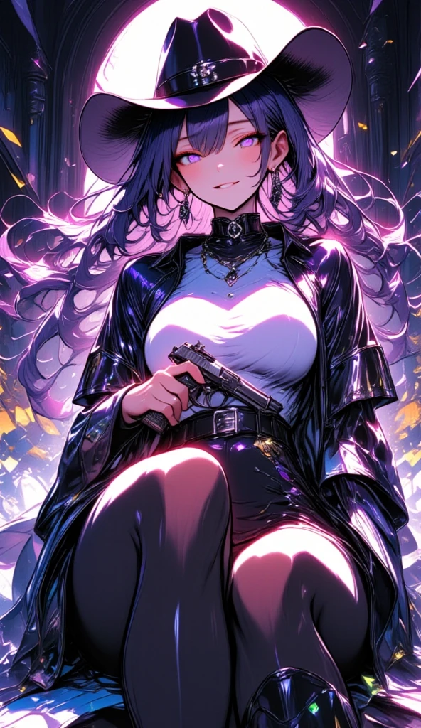 Adult woman, black skin, long purple hair, red eyes, purple top, leather jacket, leather mini skirt, wide hips, small waist, open belly, open breasts, black lipstick, Masterpiece, hiquality, perfect fingers, perfect limbs