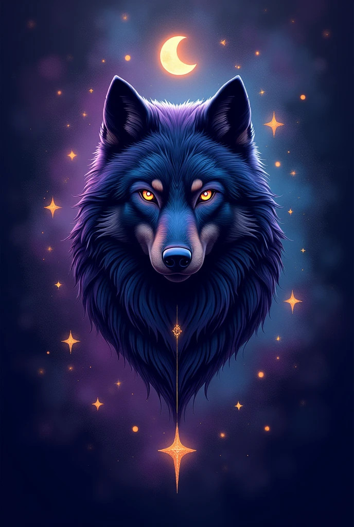 Combined Prompt (English):
An abstract illustration using only three colors to express the inspiration of nightfall: deep indigo, rich purple, and soft gold. These colors blend seamlessly to evoke the quiet and mystical atmosphere as night descends. Deep indigo symbolizes the calming stillness of night, rich purple captures the transition from twilight, and soft gold represents the faint glow of distant lights. Together, they create a magical and serene nocturnal setting.
The illustration features an emblem inspired by fantasy games, centered on a wolf motif. The wolf is depicted as strong and sharp-eyed, with celestial elements like stars and moons adorning its head, symbolizing the tranquility and mystery of the night. The emblem shines brilliantly against the harmonious blend of the three colors, reflecting a grand and mystical fantasy world.