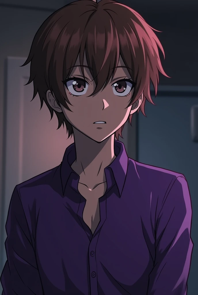 Michael afton from Five nights at Freddy's in anime style when he's adult wearing purple shirt and every handsome guys is Michael