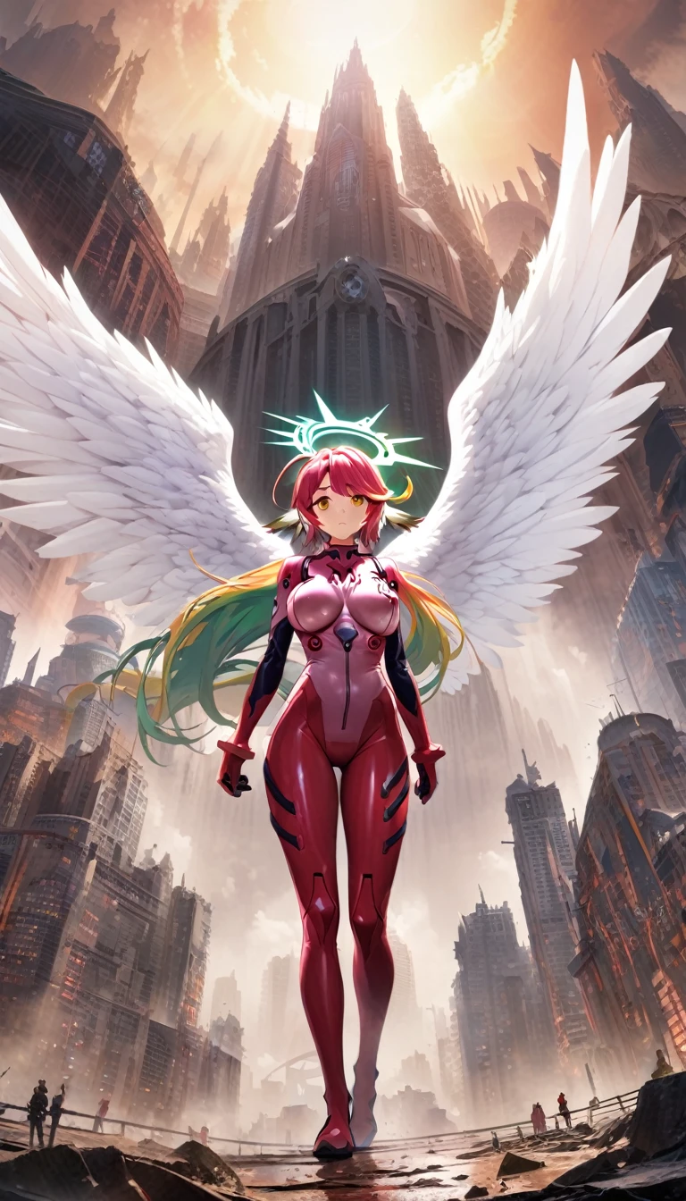 jibril,(big breast),(big white wing),(angel wing),(glamorous),full body,(girl towering over miniature city),front view,plugsuit,red latex bodysuit,shiny bodysuit,colorful hair,halo,sharp focus,extremely detailed CG,expressionless,realstic,(mechanical ear),standing,from below