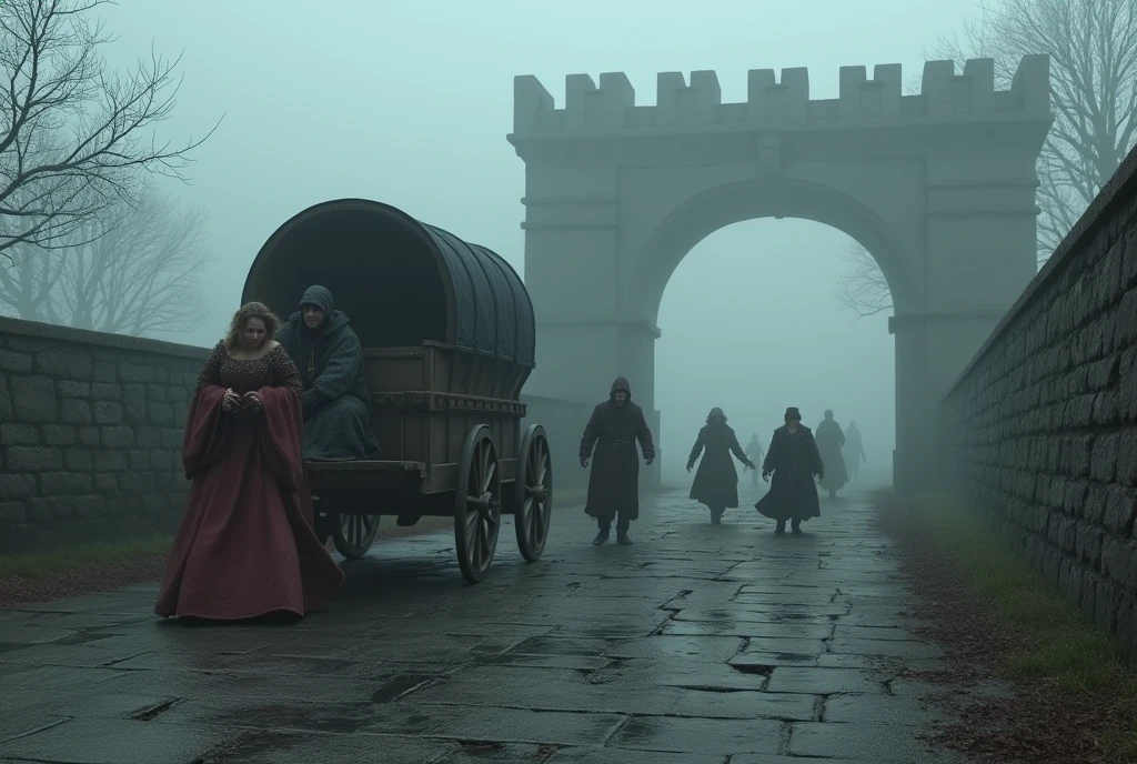 ((masterpiece, highest quality, Highest image quality, High resolution, photorealistic, Raw photo, Extremely detailed CG unified 8k wallpaper)), (huge stunning goddess shot, very hot and sexy, jaw-dropping beauty, perfect proportions, beautiful body, slim body beauty:1.4), Ancient bridge in fog, medieval Europe, one covered wagon is being robbed, the Coachman is on the ground, a beautiful noblewoman is being dragged from the wagon,