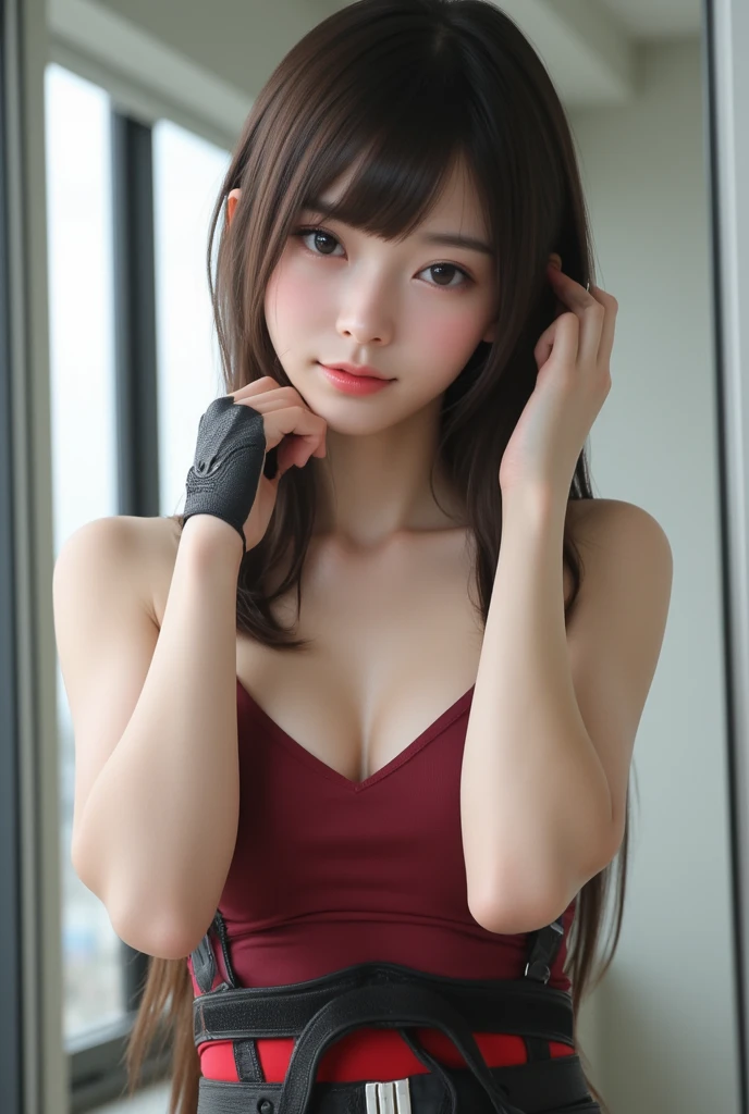 Photographs high definition, "Japaness young face Female" , white skin, beautiful chests , "shy face feeling good" , tank top, pale skin, school girl, In pretty modern dress with armory, ""looking up on camera doing push-up sweat fluid on face"", random environments, 