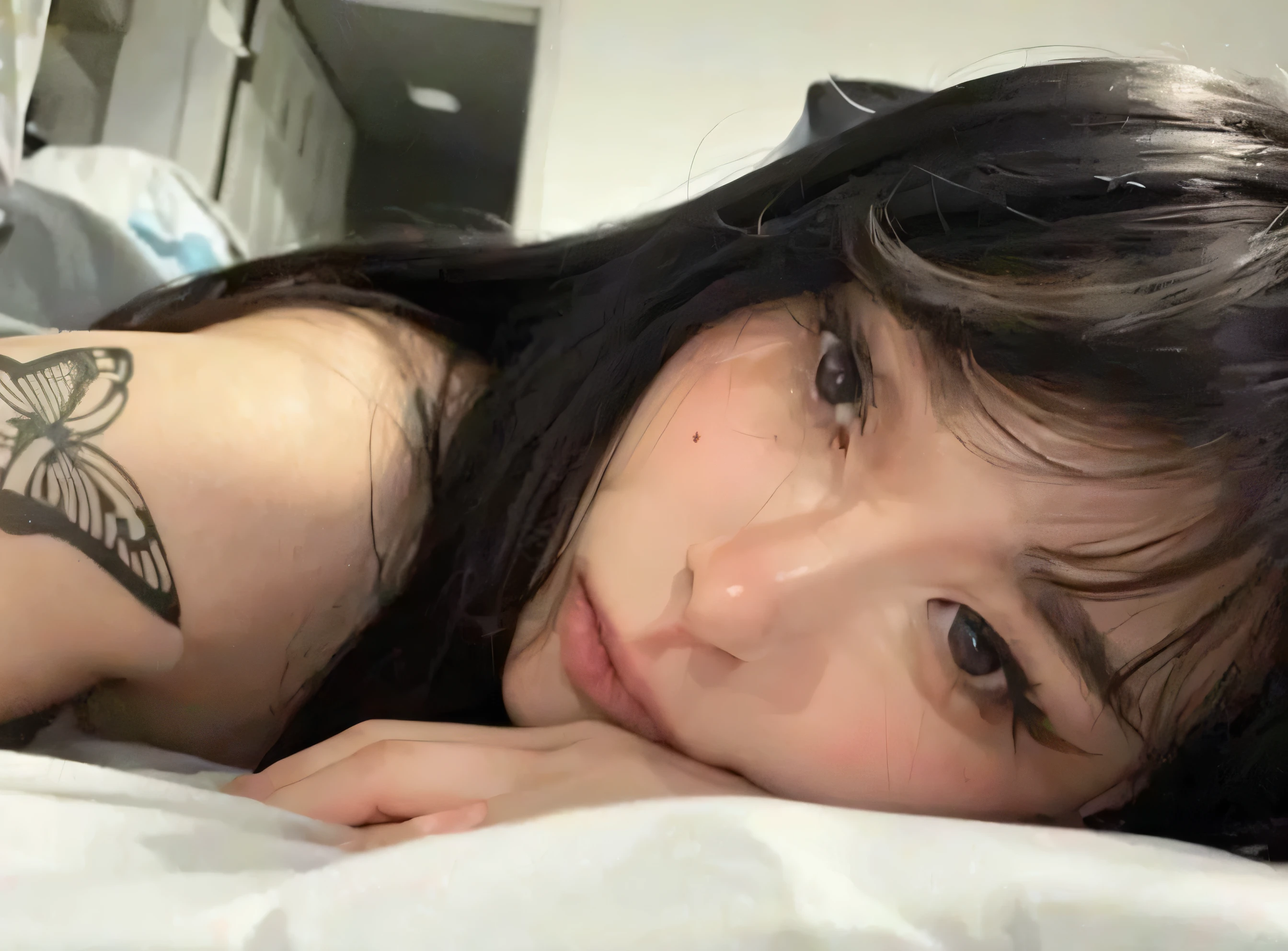 beautiful face,((cool beauty)),(nsfw),1 female,black hair,brown eyes,medium hairベッドルーム,on the bed,medium chest,((Completely naked)),sweating,20th generation,no pubic hair,Height: 168cm,sharp outline,slim body,full body shot,cameltoe,erect nipples,some perfect pussy,cum in pussy,after sex,legs up,show pussy,(selfie:1.5)