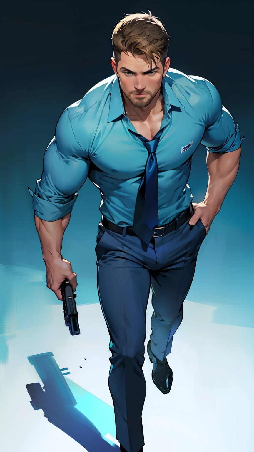 1 man, male focus solo,45 yo man,Stephen AMELL as private investigator,  lean muscle, blue shirt, marine blue businessman suit ,( tie) ,( big bulge), full body shot, dark blond short hair, well groomed facial hair, holding a gun with one hand, , ultra high quality, masterpiece, ( ever changing background, blue and white and green arabesques lines in the blackground)