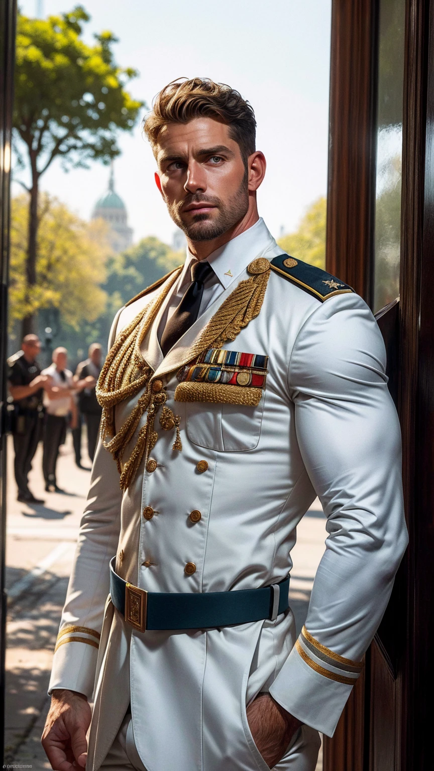 Handsome Victorian captain He fucks 18 virgin Mary Grant in the ass. The captain is 35 years old, muscular, blond, dressed in a ceremonial uniform, tight-fitting to his body and showing his muscles, buttoned up with all the buttons. His dreamy gaze is directed into the distance. The fly in the trousers is unbuttoned. Big and thick dick. He fucks 18 virgin Mary Grant in the ass