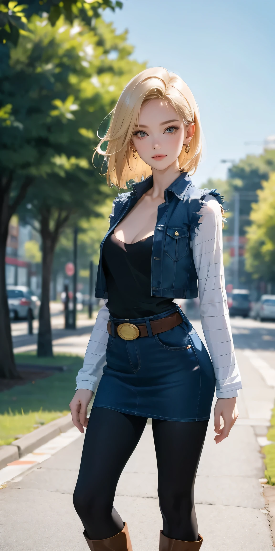 Android 18, Light Blonde hair, Medium hair shaggy cut for women, Blue Transparent eyes of Slavic Caucasians, She has sexy double eyelids above and below her eyes, The flash in the eyeballs is brilliant, Wearing round earrings, Tight Long sleeves with black stripes on a white background, Blue denim mini vest, Blue denim mini skirt, The denim skirt's zipper seam line and stitching run vertically straight to the bottom of the skirt, Open-chested denim vest, Large breasts, Women's Western Cowboy Belt, Brown see-through pantyhose, Western short boots, Looking at viewer, Her whole body is visible on the screen, She is standing in front of the bench Her entire body is visible on the screen, from her head to her boots, Slight smiling with closed lips standing next to bench , Blue sky, outside, park, grass, Summer, trees, blue sky, high quality, masterpiece,