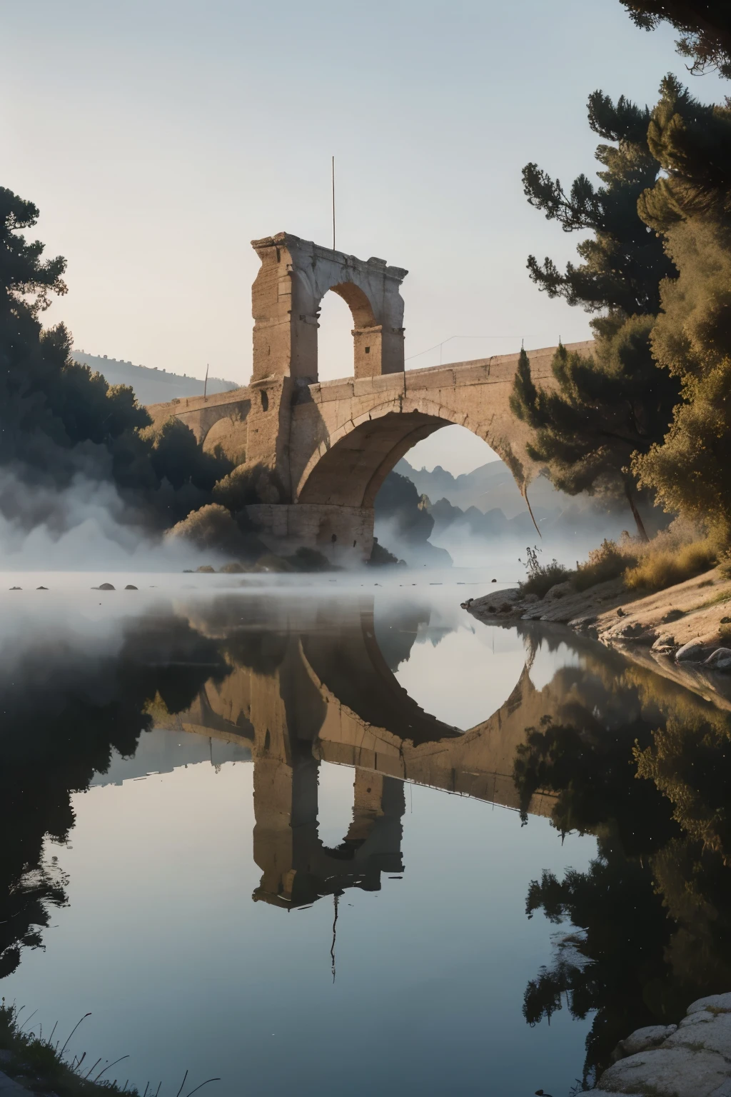 masterpiece,  Deep Illustration ,Draw an olive tree in the foreground , focus on the olive tree, No person, Dynamically depict the figure leading into the distance along an ancient Roman aqueduct (Gard bridge), showing triple structure, meticulously detailed Roman architecture,((( Part of the bridge is covered by thick fog)))viewed from below. The bridge extends over a river with its reflection visible on the water, creating depth and a vanishing perspective as the bridge recedes into the horizon. deep fog dancing in the sunlight, under clear skies in daytime, with a bright reflection of light, high detail, and intricate architectural interior