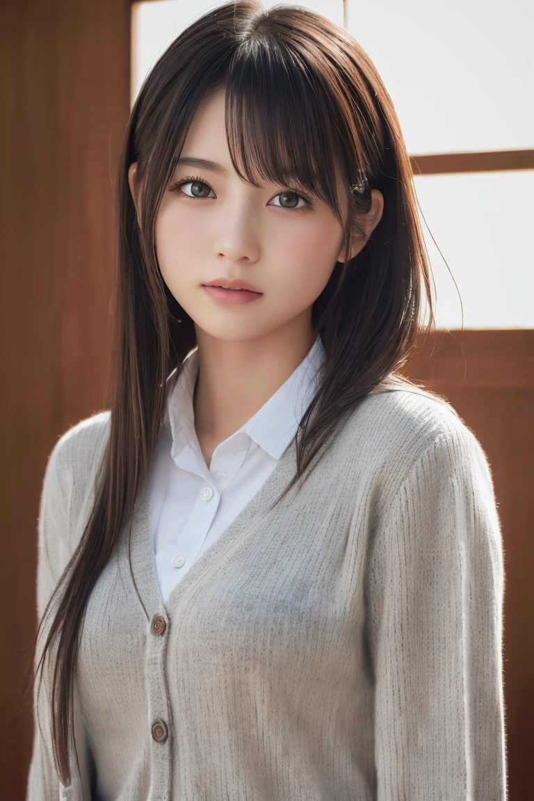 (8k, RAW Photo, Highest Quality, High Resolution:1.1), (ultra-realistic:1.4),(Realistic, Realistic:1.3),Japanese Beauty, School Uniform, ((Cardigan)),((Upper Body:1.3)),