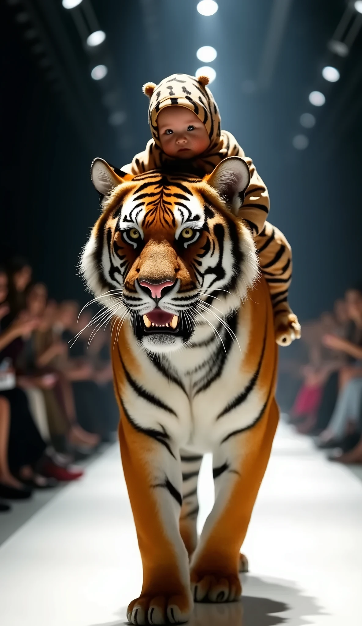 A real tiger walks in a fashion show with a newborn baby riding on its back wearing clothes the same color as the tiger&#39;s coat, just like in real life.