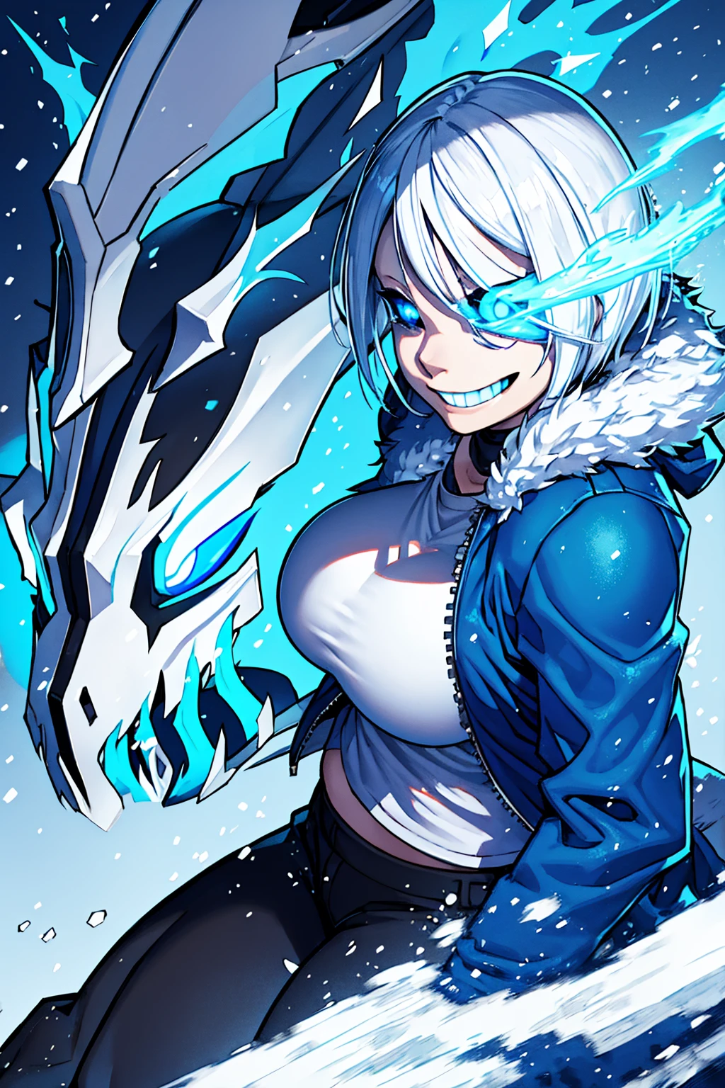 Sans Blue Jacket Black Shirt Fire Eyes Skull Smile Long Lashes White Short Hair Luminous Face Blue Dragon Skull Cannon One Person Standing In Snow Town Femininefull Super huge big breasts breast enlargement full-body