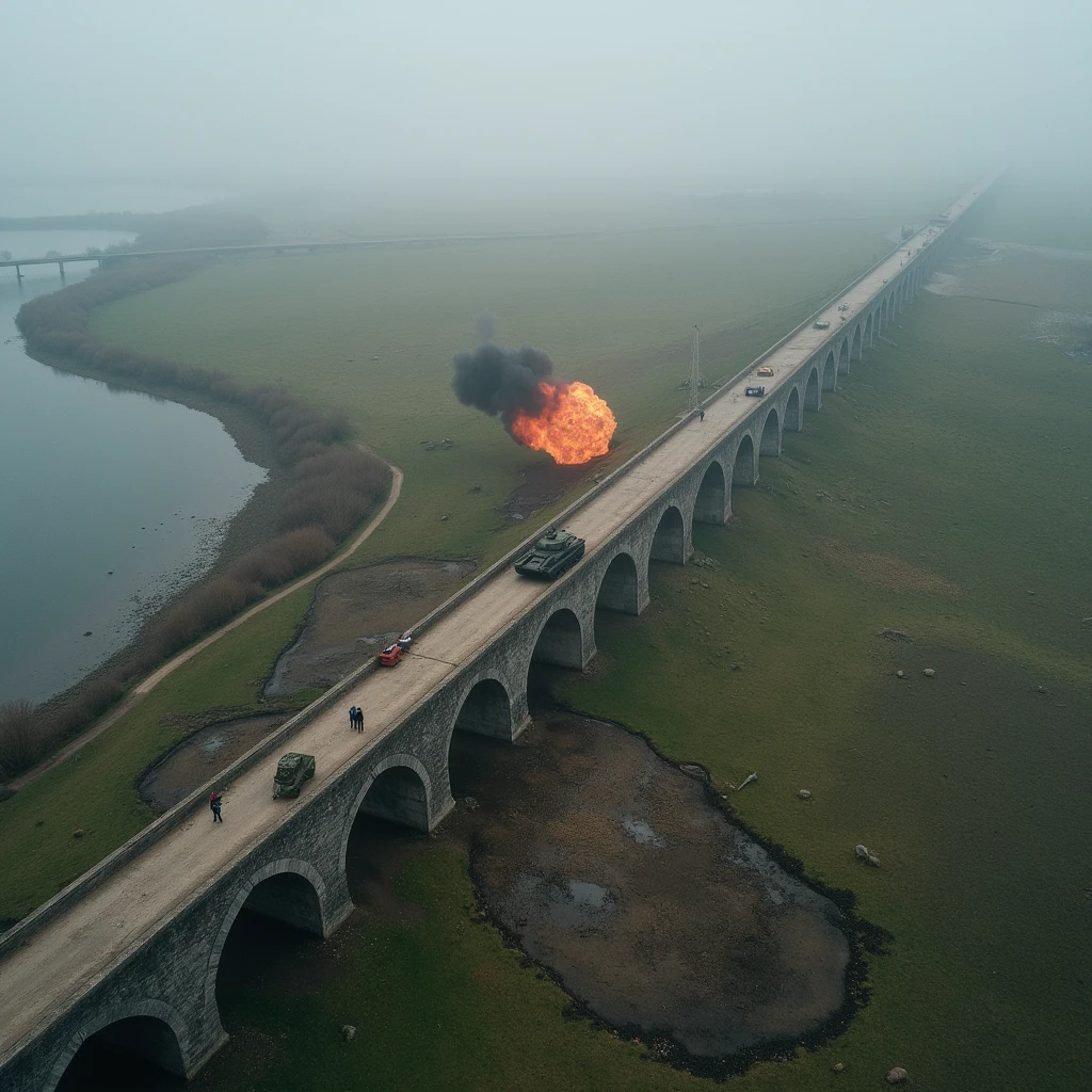 ( best quality, very detailed depiction, Incredible Hi-Res,Photographic images,Bird&#39;s-eye view),An old bridge shrouded in fog ,OLD STONE BRIDGE ,battlefield,explosion,tank, ry Holding Guns ,霧に包まれたbattlefield,Dive bomber,Junkers ,In the midst of fierce combat,主砲を発射しているtank,Propeller fighter