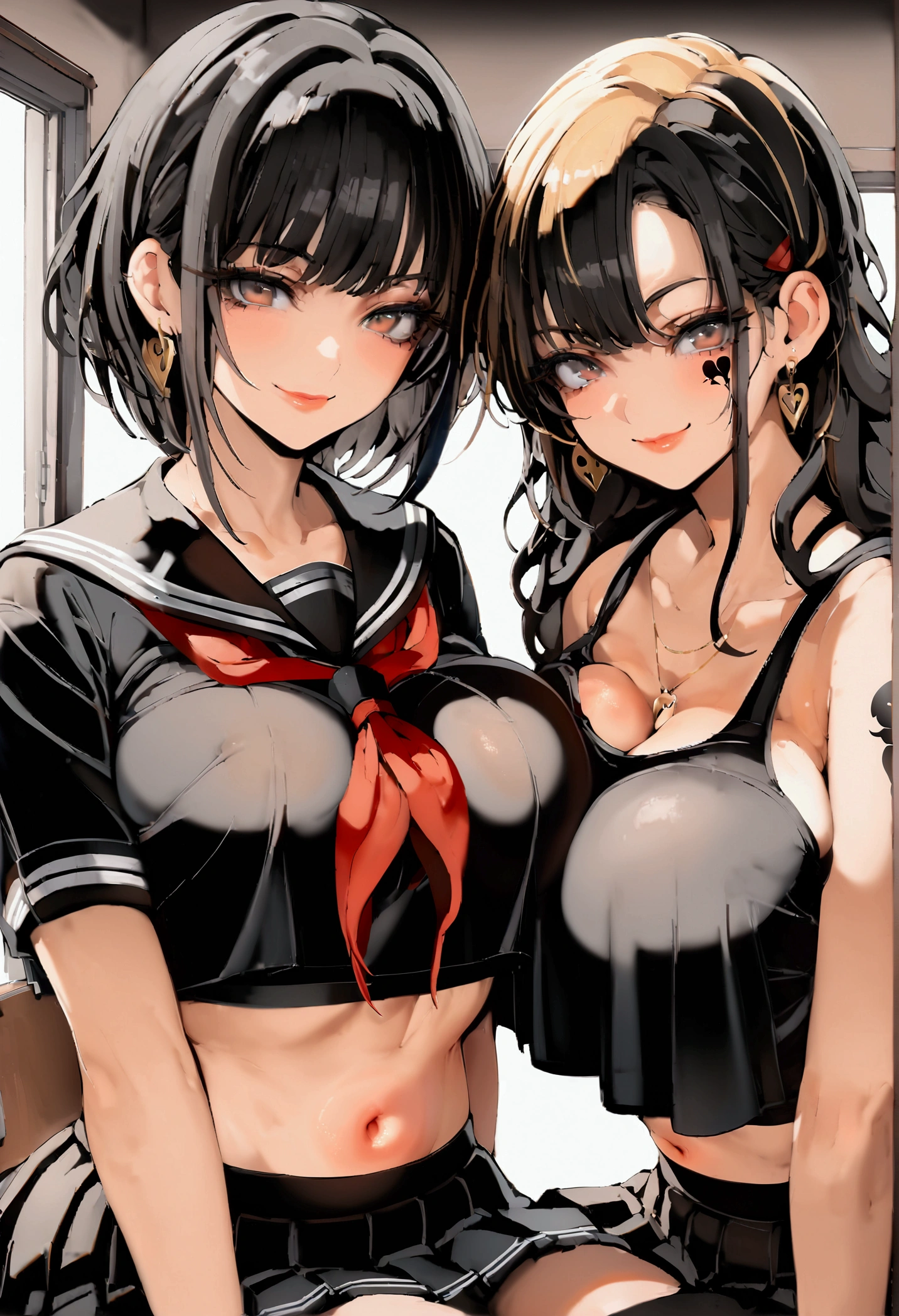 Mamimi style. Best Quality、 detailed face、Detailed body、 girl's sandwich, 2 girls、1 boy、Dark-skinned man 、Big black man 、White-skinned women, big boobs、Big Breast, classroom, black sailor collar, black seifuku, black shirt, collarbone, crop top, crop top overhang, cropped shirt, black skirt, midriff, navel, neckerchief, pleated skirt, red neckerchief, sailor collar, seifuku, shirt, skirt, one blonde other black hair, 1 man, shot includes all 3's upper bodies at least, one blonde other black hair, 1 man, shot includes all 2 women and 1 man, naughty smirk, Queen of Spades symbol tattoo on both of their breasts, both women sit on the lap of the man
