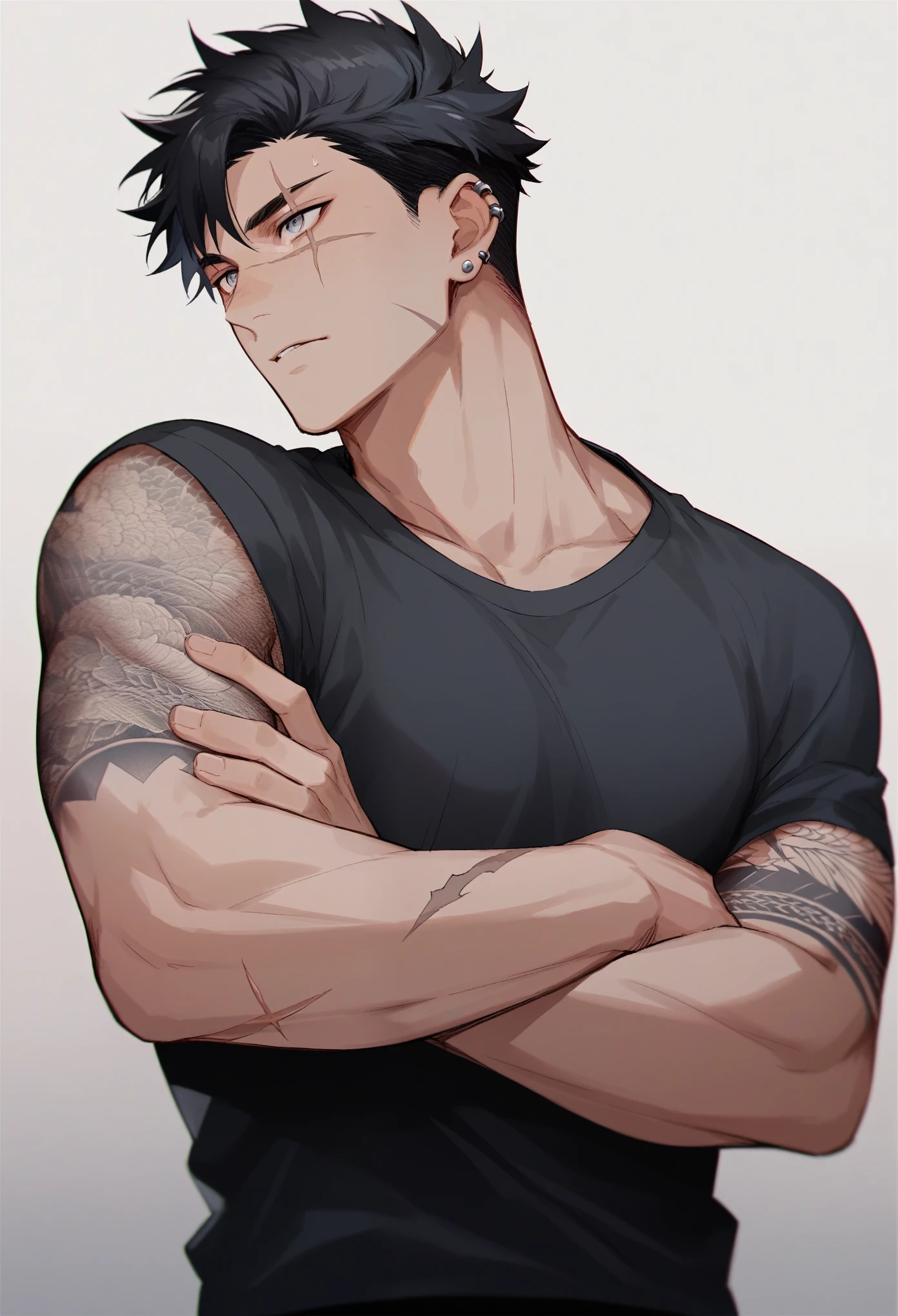 japanese, male, short black hair, gray eyes, scar above left eyes, muscular, tattooed, piercings, wearing black shirt
