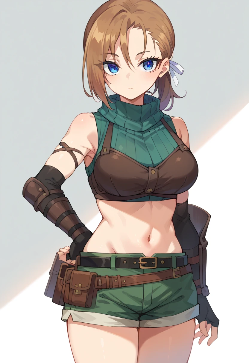 score_9, score_8_up, score_7_up, source_anime, RhudaRunebeck, long hair, asymmetrical bangs, brown hair, low ponytail, short ponytail, white ribbon, blue eyes, 
turtleneck, sleeveless, ribbed shirt, green shirt, crop top, breastplate, navel, elbow gloves, fingerless gloves, black gloves, arm guards, 
black belt, belt pouch, short shorts, green shorts, 