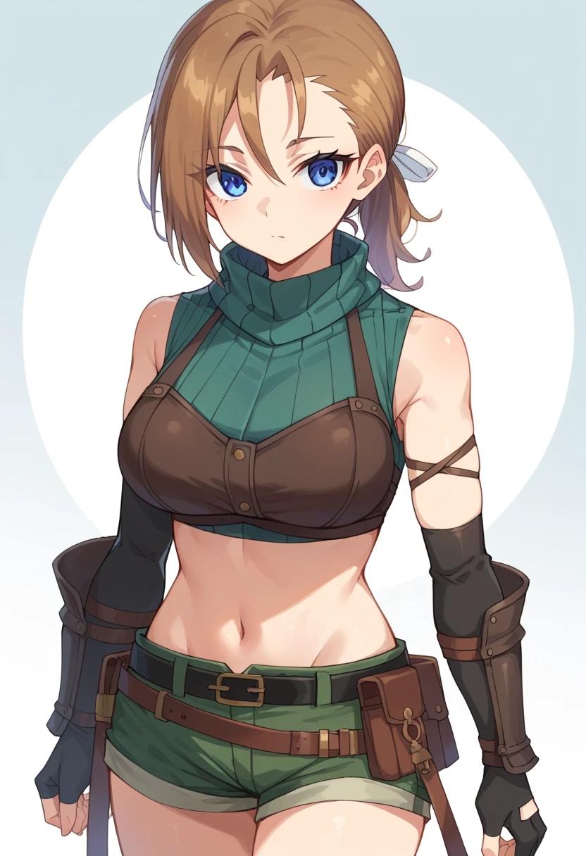 score_9, score_8_up, score_7_up, source_anime, RhudaRunebeck, long hair, asymmetrical bangs, brown hair, low ponytail, short ponytail, white ribbon, blue eyes, 
turtleneck, sleeveless, ribbed shirt, green shirt, crop top, breastplate, navel, elbow gloves, fingerless gloves, black gloves, arm guards, 
black belt, belt pouch, short shorts, green shorts, 