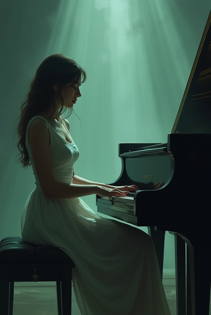 A shadow of someone, playing the piano at night, in an empty room.