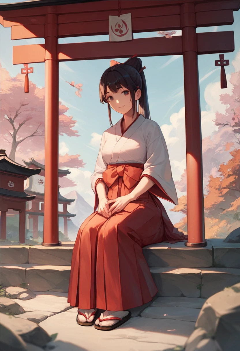 masterpiece,  best quality,  high definition ,  1 girl,  Shrine maiden,  hakama skirt,  sitting, shrine, smile 、Hair tied in a ponytail