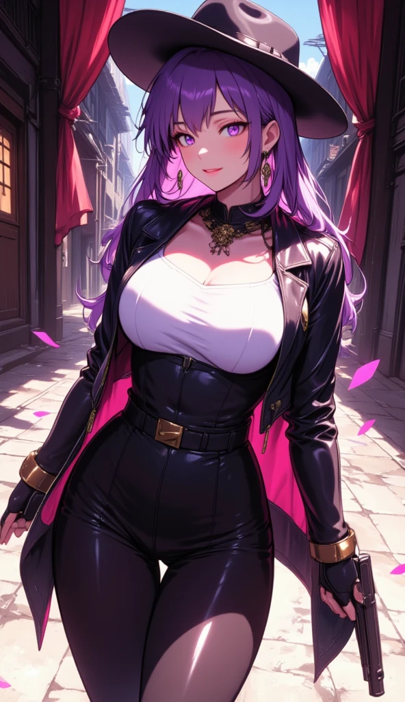  mature beautiful woman with ,( best quality, very detailed depiction, Incredibly Absurd High Resolution ,High quality anime drawings:2.0),( cowboy woman ,Cowboy Costume, cowboy hat, earrings for a woman alone, Necklaces , black tights, boots,Pistol),(Purple Eyes, half-closed eyes:2.0, Big Breasts ,Glossy lips, is opening,Flashy makeup, bewitching smile:2.0,Beautiful legs,), full body image:2.0,Pistolを構えた姿:2.0,膝をついてPistolを構えている:2.0,Side view:2.0,Western Theater,