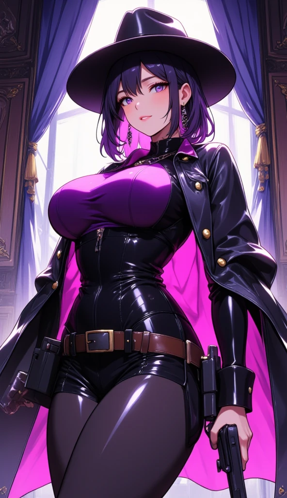  mature beautiful woman with ,( best quality, very detailed depiction, Incredibly Absurd High Resolution ,High quality anime drawings:2.0),( cowboy woman ,Cowboy Costume, cowboy hat, earrings for a woman alone, Necklaces , black tights, boots,Pistol),(Purple Eyes, half-closed eyes:2.0, Big Breasts ,Glossy lips, is opening,Flashy makeup, bewitching smile:2.0,Beautiful legs,), full body image:2.0,Pistolを構えた姿:2.0,膝をついてPistolを構えている:2.0,Side view:2.0,Western Theater,