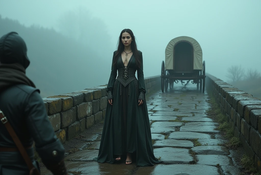 ((masterpiece, highest quality, Highest image quality, High resolution, photorealistic, Raw photo, Extremely detailed CG unified 8k wallpaper)), (huge stunning goddess shot, very hot and sexy, jaw-dropping beauty, perfect proportions, beautiful body, slim body beauty:1.4), Ancient bridge in fog, medieval Europe, one covered wagon is being robbed, the Coachman is on the ground, a beautiful noblewoman is being dragged from the wagon,