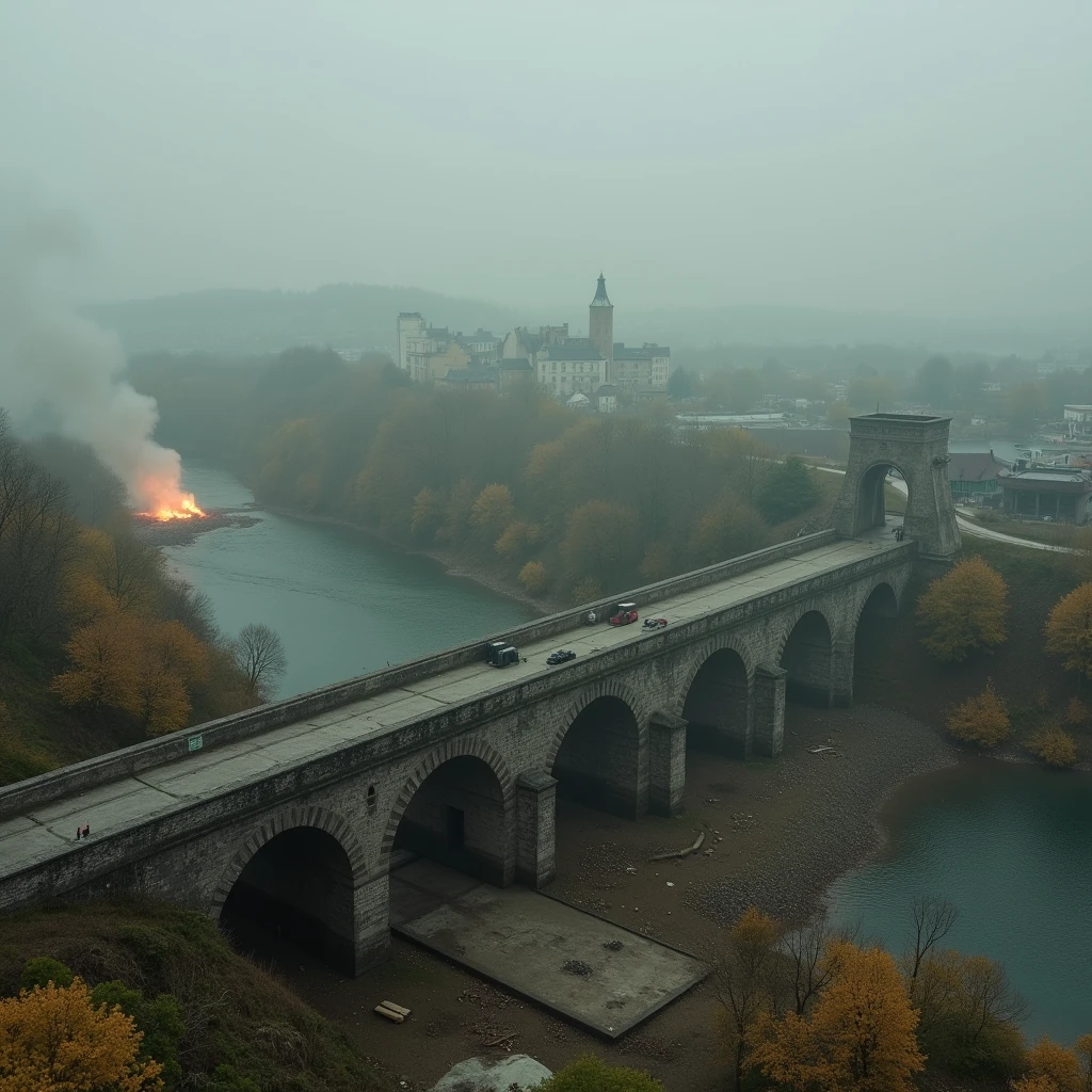 ( best quality, very detailed depiction, Incredible Hi-Res,Photographic images,Bird&#39;s-eye view),An old bridge shrouded in fog ,OLD STONE BRIDGE ,battlefield,explosion,tank, ry Holding Guns ,霧に包まれたbattlefield,Dive bomber,Junkers ,In the midst of fierce combat,主砲を発射しているtank,Propeller fighter