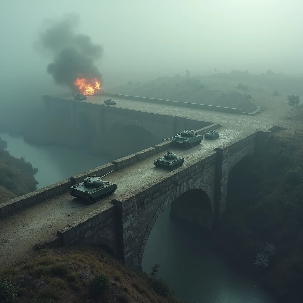 ( best quality, very detailed depiction, Incredible Hi-Res,Photographic images,Bird&#39;s-eye view),An old bridge shrouded in fog ,OLD STONE BRIDGE ,battlefield,explosion,tank, ry Holding Guns ,霧に包まれたbattlefield,Dive bomber,Junkers ,In the midst of fierce combat,主砲を発射しているtank,Propeller fighter