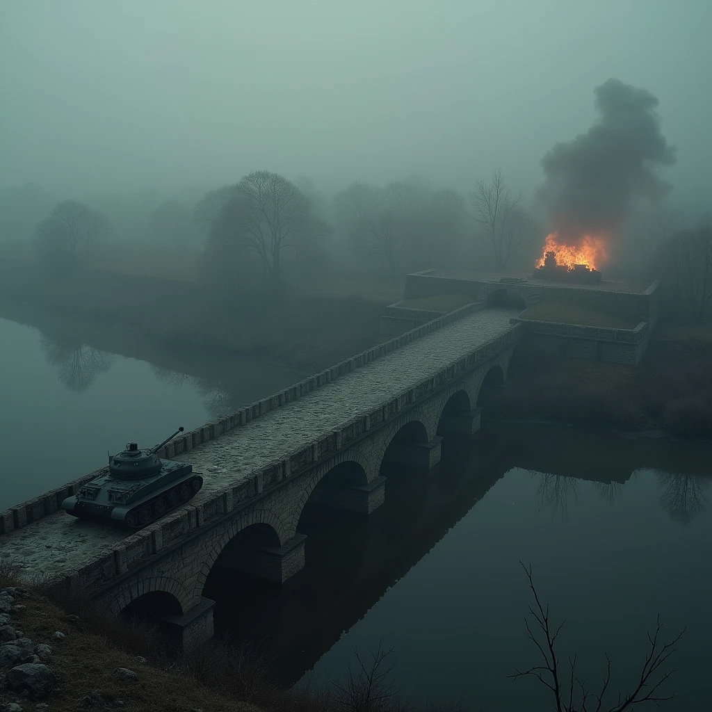 ( best quality, very detailed depiction, Incredible Hi-Res,Photographic images,Bird&#39;s-eye view),An old bridge shrouded in fog ,OLD STONE BRIDGE ,battlefield,explosion,tank, ry Holding Guns ,霧に包まれたbattlefield,Dive bomber,Junkers ,In the midst of fierce combat,主砲を発射しているtank,Propeller fighter