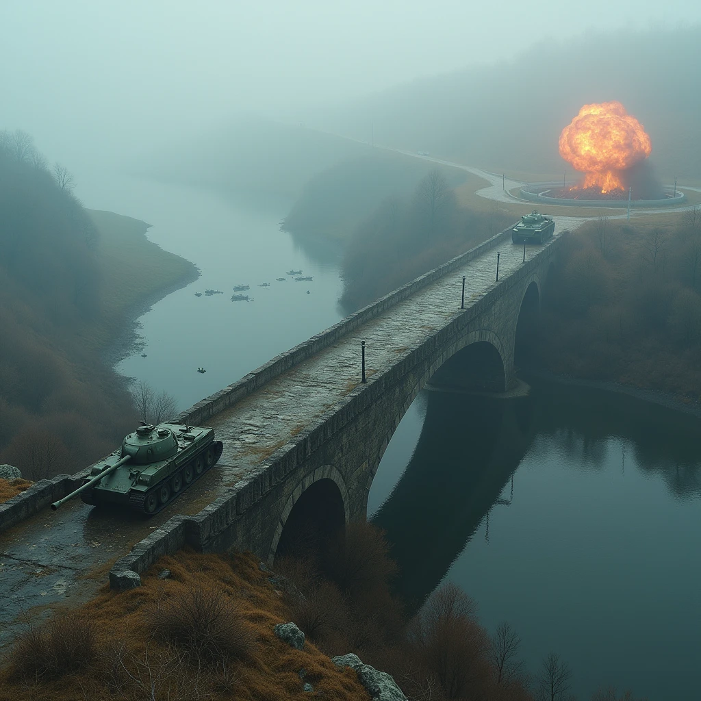 ( best quality, very detailed depiction, Incredible Hi-Res,Photographic images,Bird&#39;s-eye view),An old bridge shrouded in fog ,OLD STONE BRIDGE ,battlefield,explosion,tank, ry Holding Guns ,霧に包まれたbattlefield,Dive bomber,Junkers ,In the midst of fierce combat,主砲を発射しているtank,Propeller fighter