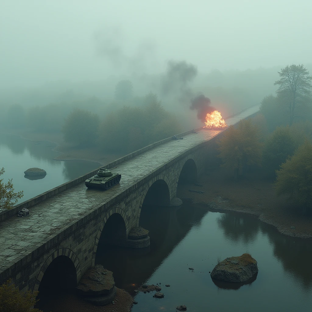 ( best quality, very detailed depiction, Incredible Hi-Res,Photographic images,Bird&#39;s-eye view),An old bridge shrouded in fog ,OLD STONE BRIDGE ,battlefield,explosion,tank, ry Holding Guns ,霧に包まれたbattlefield,Dive bomber,Junkers ,In the midst of fierce combat,主砲を発射しているtank,Propeller fighter